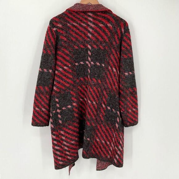 Joseph A. Drape Open Front Cardigan Sweater Large Petite Red Black White - Picture 2 of 6